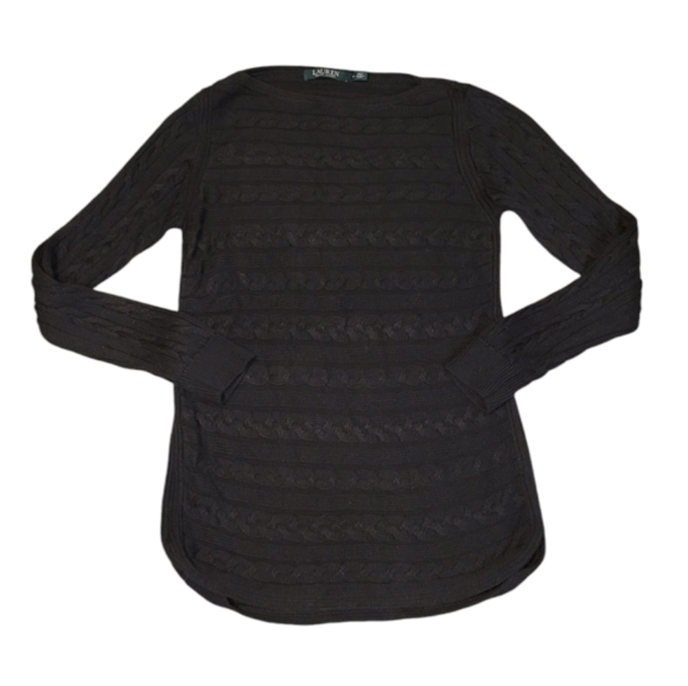 Lauren Ralph Lauren Cable Knit Boat Neck Long Sleeve Black Sweater Size Medium